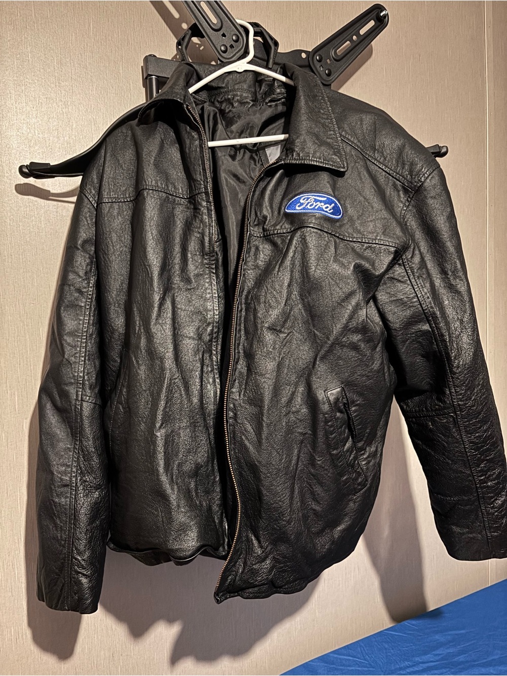 Vintage Ford Men's Black Leather Bomber Jacket